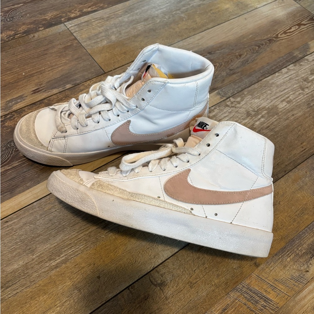Nike White High-Top Sneakers with Blush Swoosh